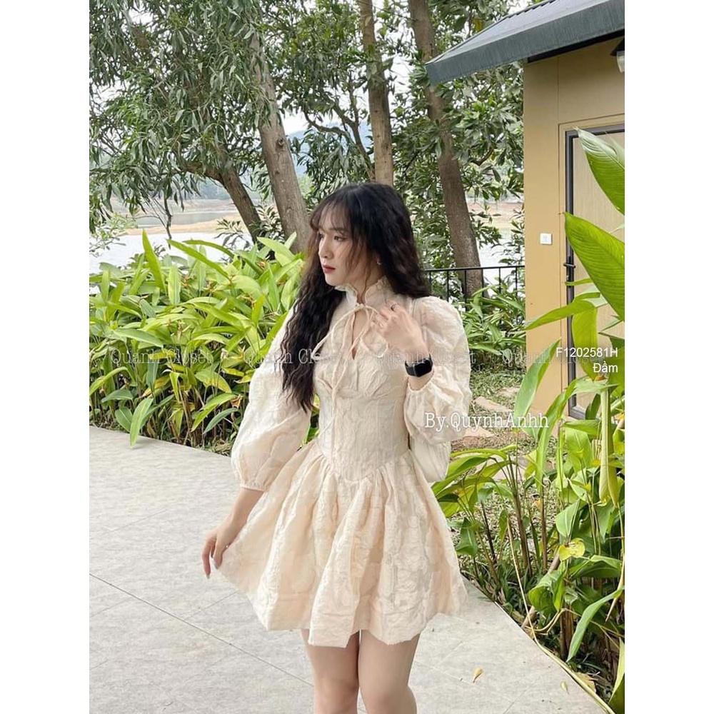 Đầm xòe ren nổi cổ thắt nơ cực xinh!
