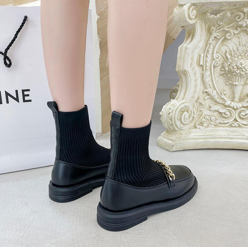 Đồng Hồ Nữ Co Giãn Giày Boot Cổ Ngắn Nữ Dệt Kim Khâu Tất Bốt 2021 Mới Dây Kim Loại Đế Bằng Nữ Giày Stovepipe Giày