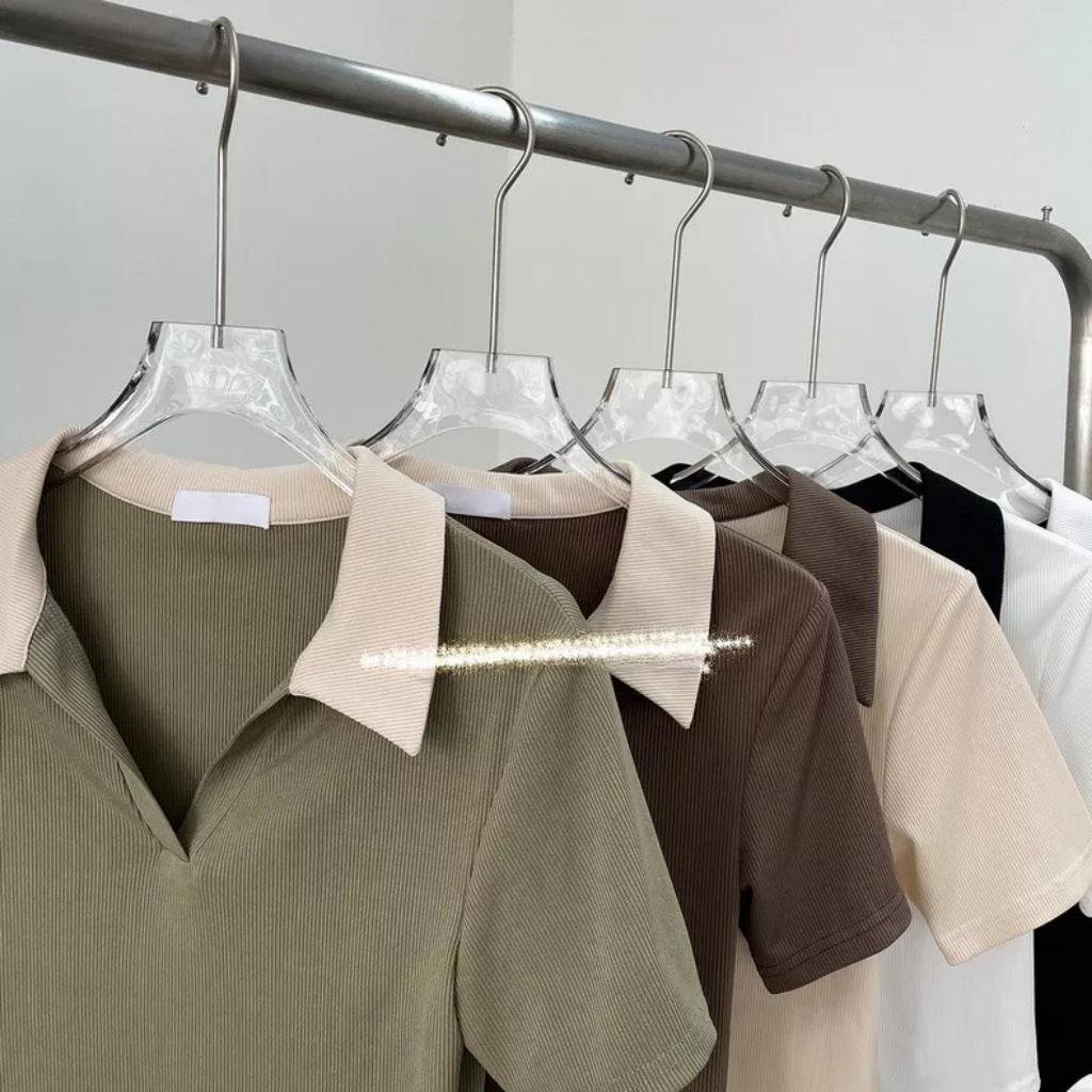 Áo Polo Nữ Cộc Tay Chất Thun Gân Co Dãn 4 Chiều Cổ V