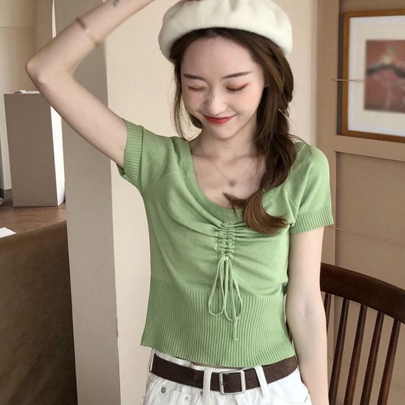 Áo Thun Dệt Kim Tay Ngắn Cổ Chữ V Thời Trang Cho Nữ