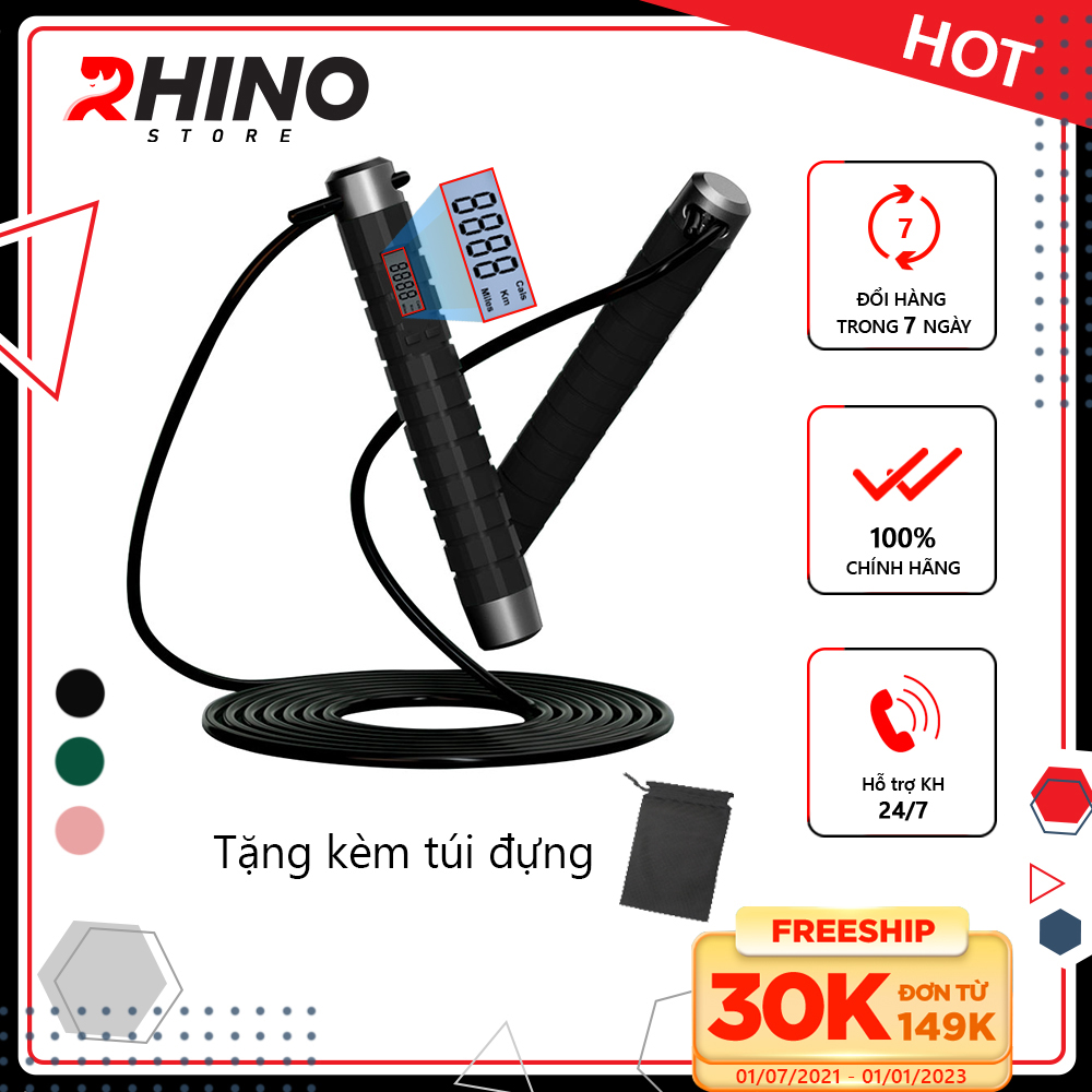 Dây nhảy thể thao lõi thép cao cấp Rhino J501 tự động đếm số, tích hợp đo calo, quãng đường, độ dài dây tùy chỉnh - Dùng cho Muay | Boxing | Kickboxing - Hàng chính hãng