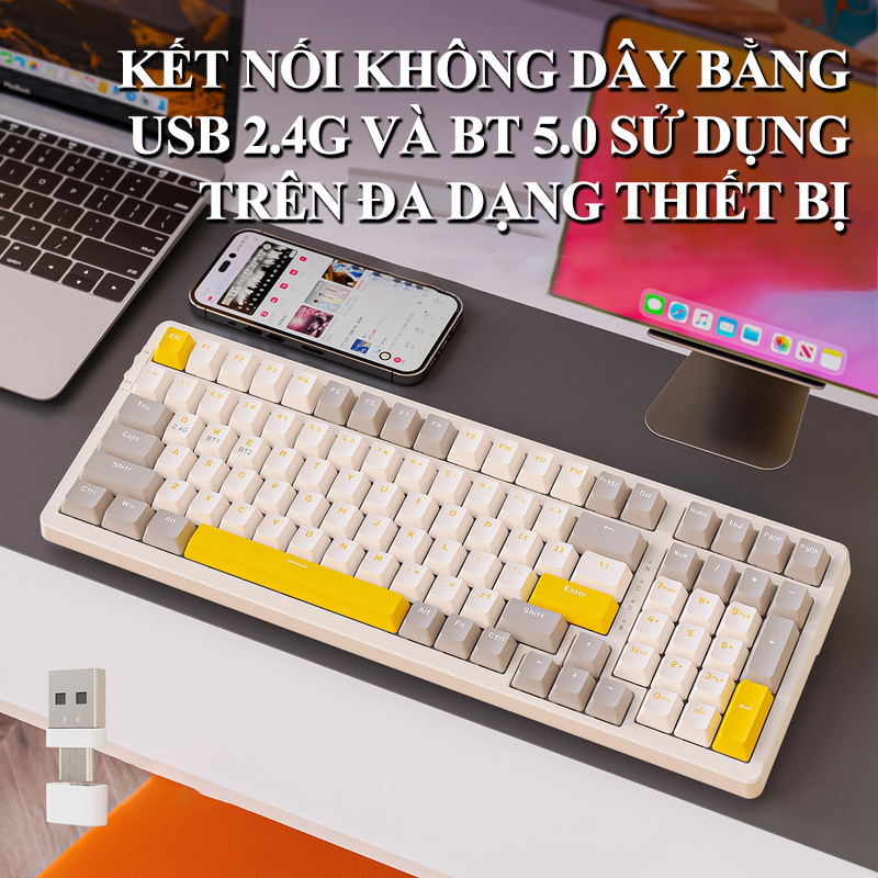 Bàn phím cơ không dây Red Switch K96 kết nối bằng USB 2.4G và Bluetooth 5.0 thiết kế 100 phím có hotswap thay switch dễ dàng dành cho game thủ