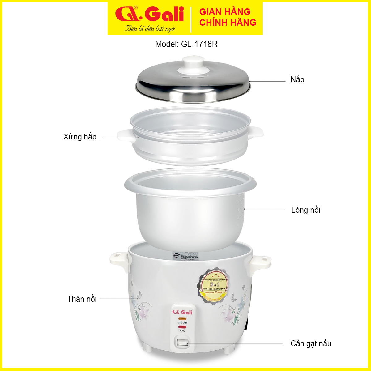 Nồi cơm điện nắp rời Gali 1.8 lít, đa chức năng nấu hấp, luộc, hàng nhập khẩu bảo hành 12 tháng chính hãng.