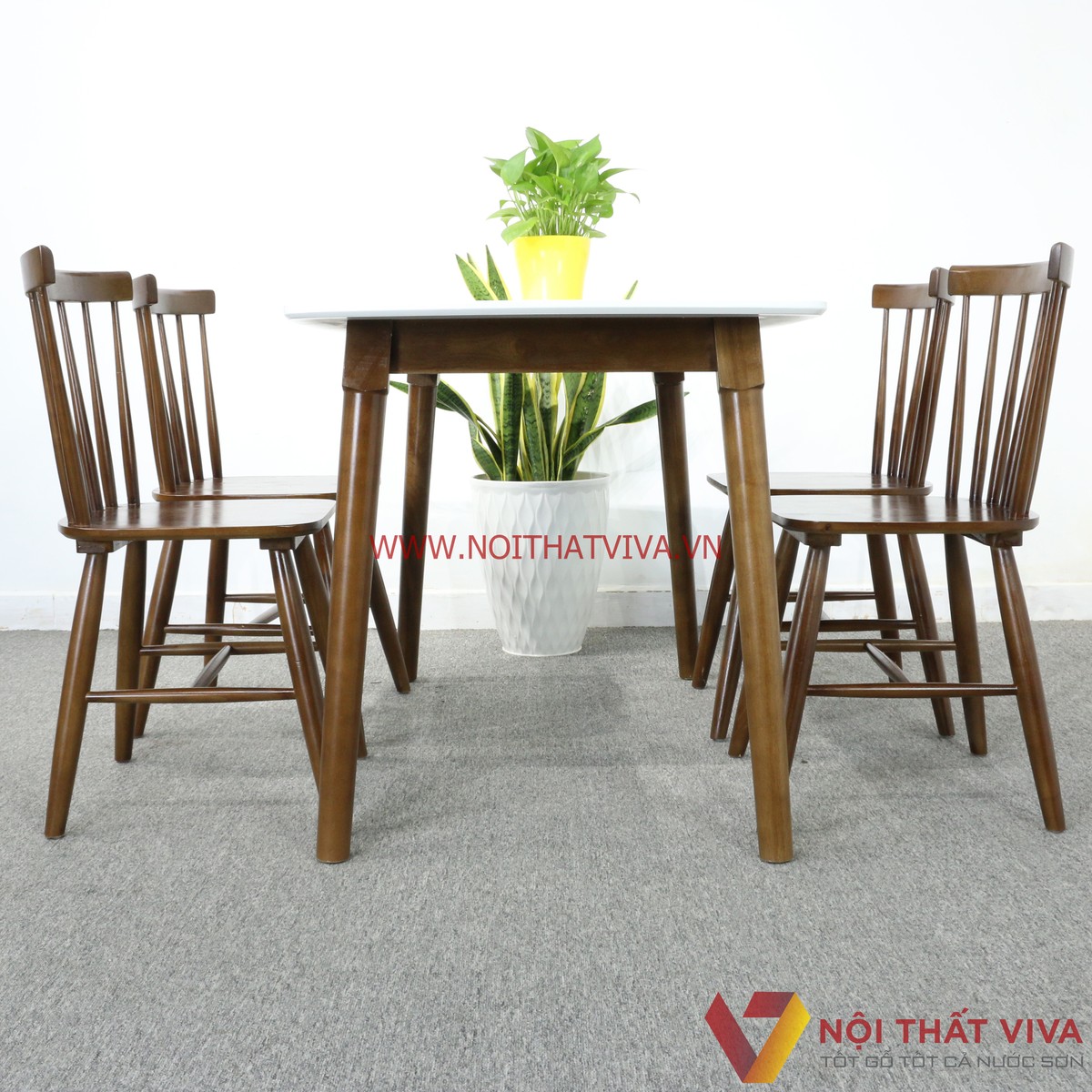 Bộ Bàn Ăn Mango 4 Ghế Nan Màu Nâu Mặt Giả Đá Đẹp Giá Rẻ