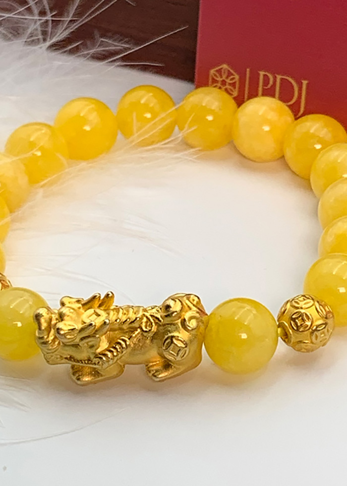 Vòng Đá Thạch Anh Vàng Vân 10 Ly Charm Tỳ Hưu Bạc Si