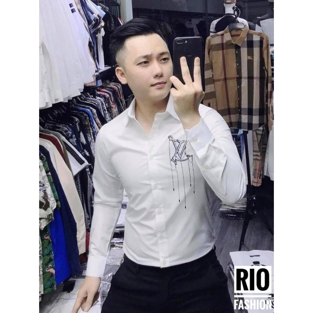 Áo sơ mi nam trắng tay dài họa tiết LV cách điệu SM335