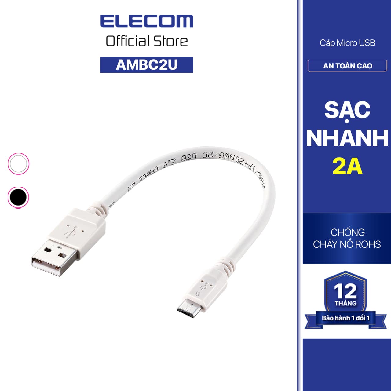 Dây cáp microUSB (A-microB), 2A, sạc nhanh ELECOM MPA-AMBC2U- Hàng chính hãng