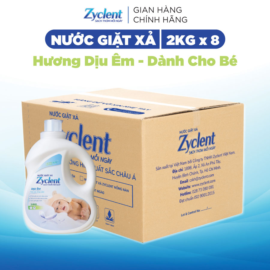 Thùng Nước Giặt Xả Zyclent Hương Dịu Êm - Dành riêng cho bé (2kg x 8 can)