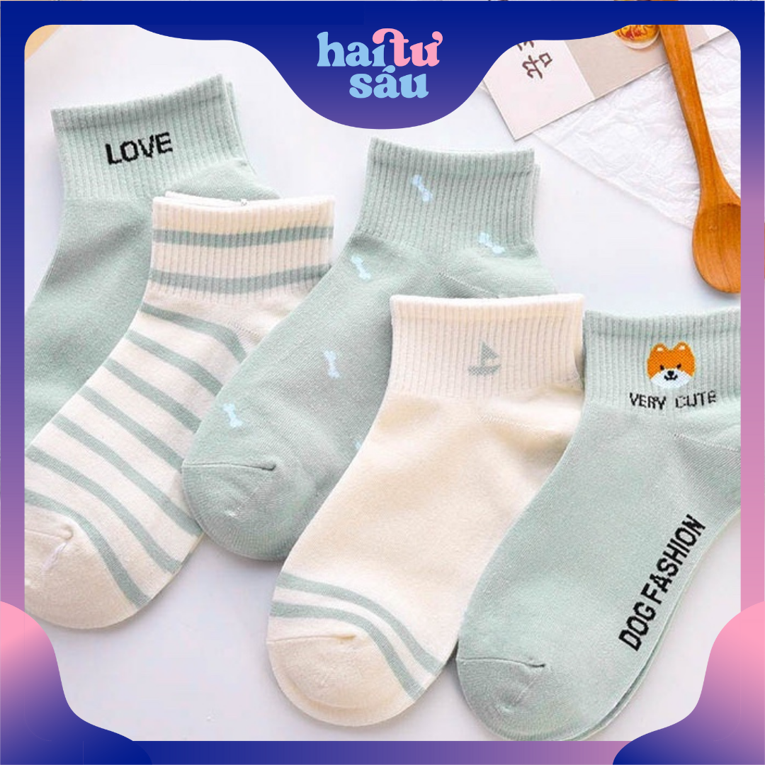 Tất nữ vớ nữ cổ ngắn set 5 đôi họa tiết cute dễ thương kèm túi - màu cáo xanh lá