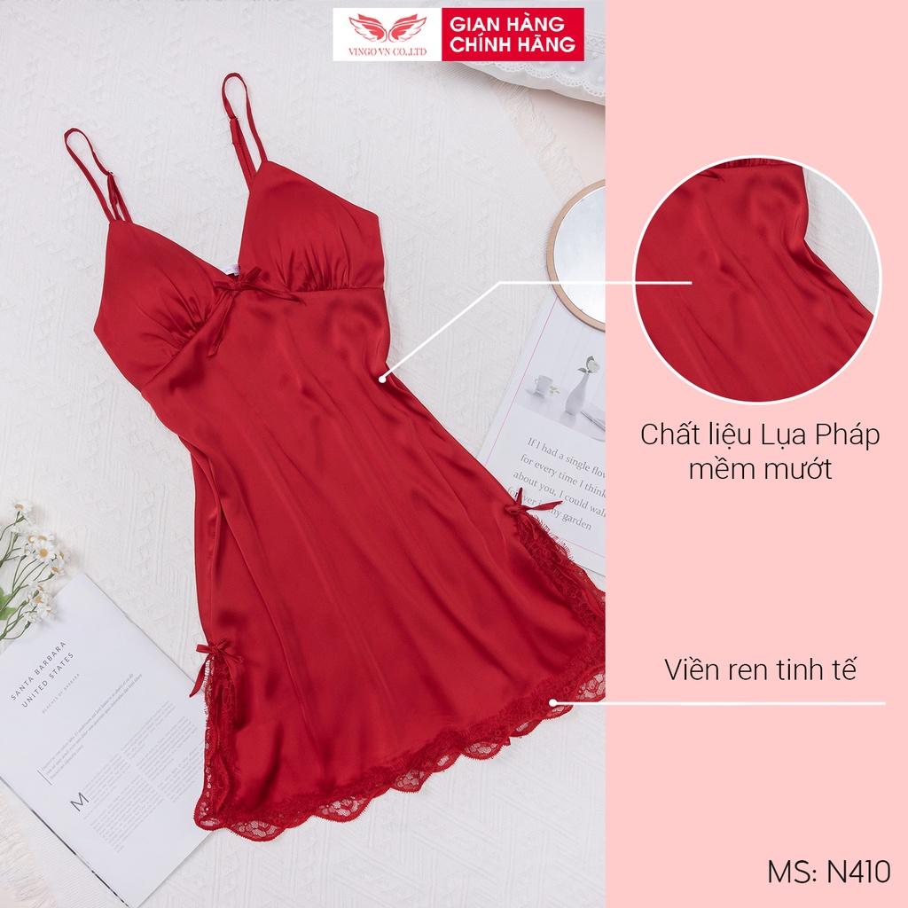 Đầm ngủ nữ hai dây mặc nhà lụa cao cấp phối ren sexy VINGO có mút ngực thiết kế xẻ tà 2 bên màu đỏ và trắng N410 VNGO