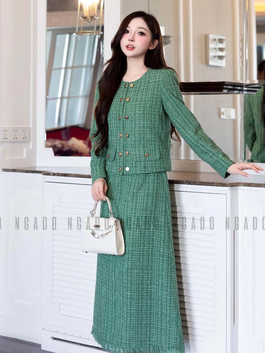 Set áo váy tweed xanh lá NGADO , set áo kèm chân váy dáng dài