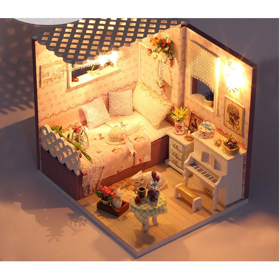 Nhà gỗ búp bê DIY - Góc phòng ngủ của cô nàng lãng mạn với mèo trắng và piano trắng tinh khôi-Love in Budapest