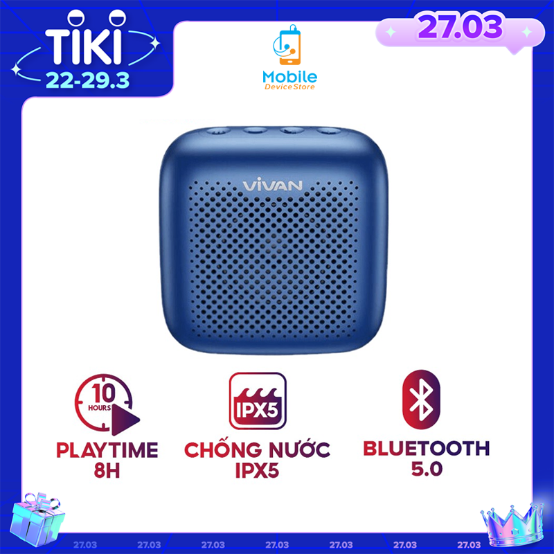 Loa Bluetooth TWS 5.0 VIVAN Chống Nước IPX5, Công Suất 5W, Dung Lương Pin 1800mAh Nghe Nhạc Cực Đã - Hàng Chính Hãng
