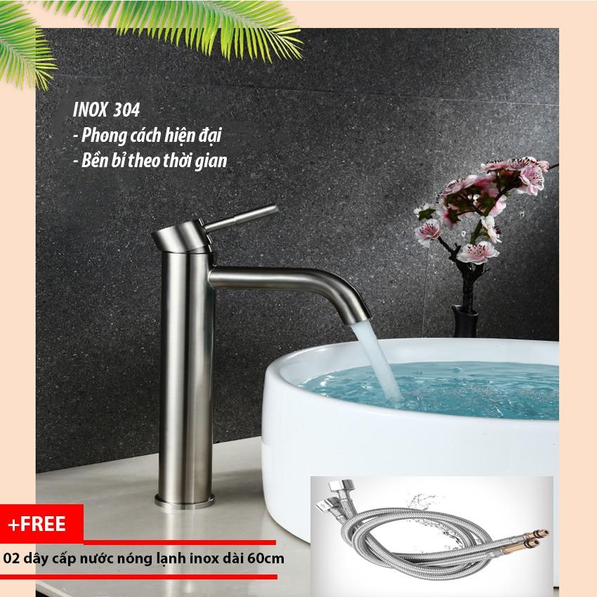 Vòi lavabo nóng lạnh cắm chậu OS305 chất liệu inox 304 nguyên khối tặng 2 dây cấp nóng lạnh Inox 60cm