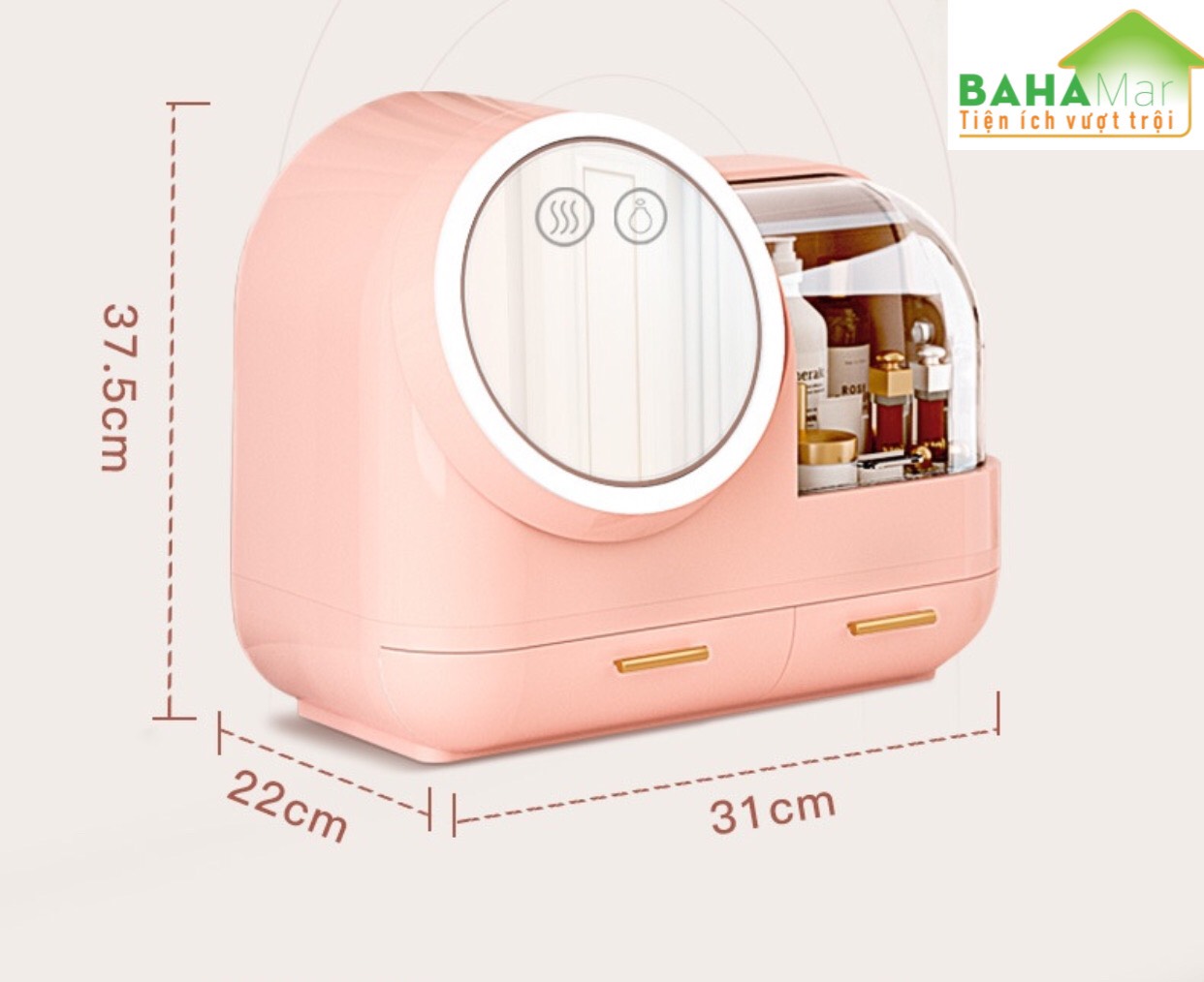HỘP ĐỰNG MỸ PHẨM CÓ GƯƠNG TRANG ĐIỂM ĐÈN LED QUẠT BAHAMAR có quạt thổi khô lớp trang điểm thiết kế tay cầm dễ dàng xách di chuyển hộp chống bụi v