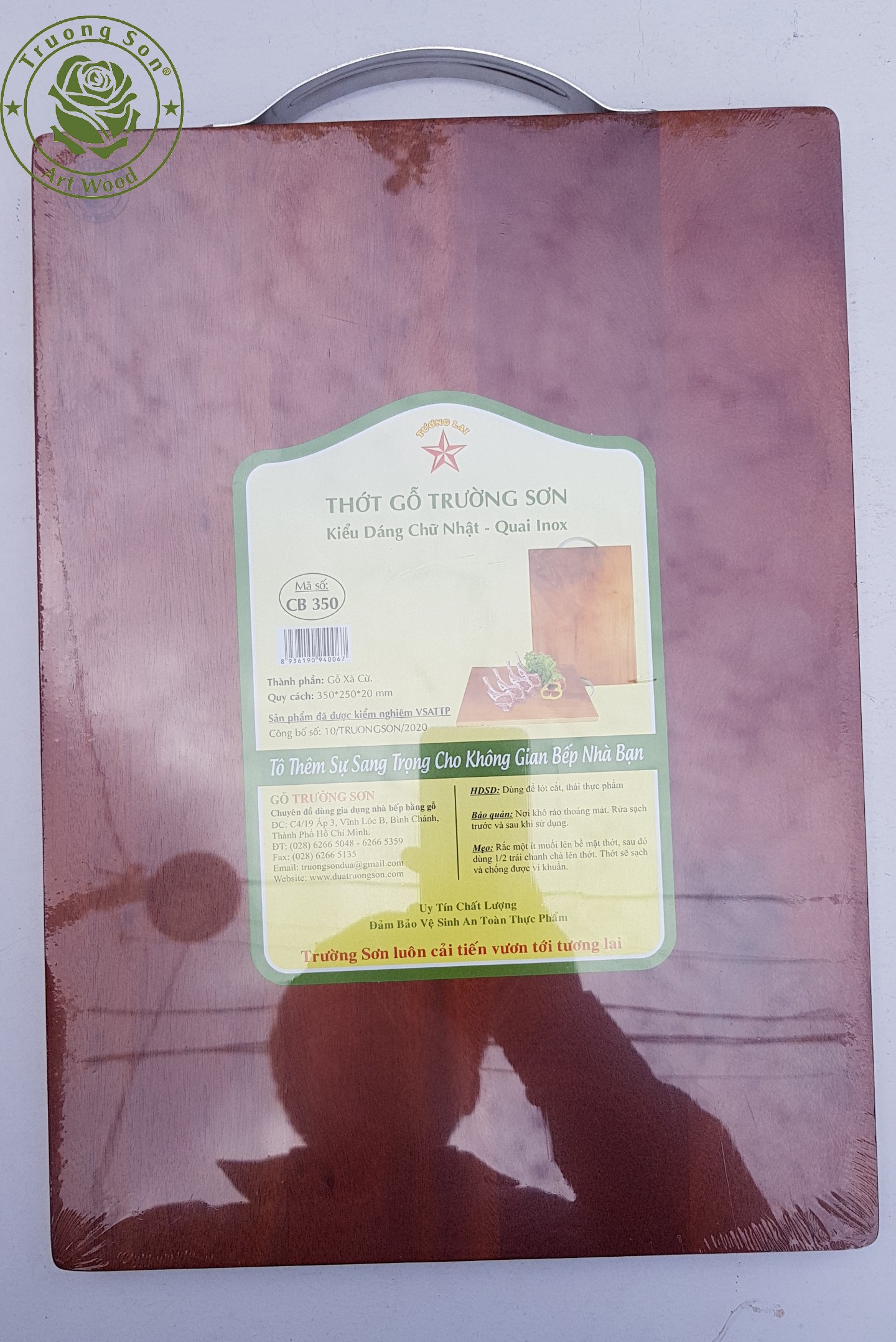 Thớt Gỗ Xà Cừ Chữ Nhật Tay Cầm Inox CB350 ( 35 x 25 x 2 cm ) - Đồ Gỗ Nhà Bếp Thương Hiệu Trường Sơn