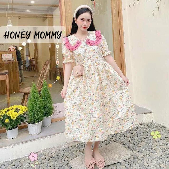 Váy Bầu Babydoll Hoa Nhí Cổ Bèo HD2829 Honey Mommy Đầm Bầu Hoa Ngắn Tay Mùa Hè Đi Chơi Công Sở Cổ Tròn