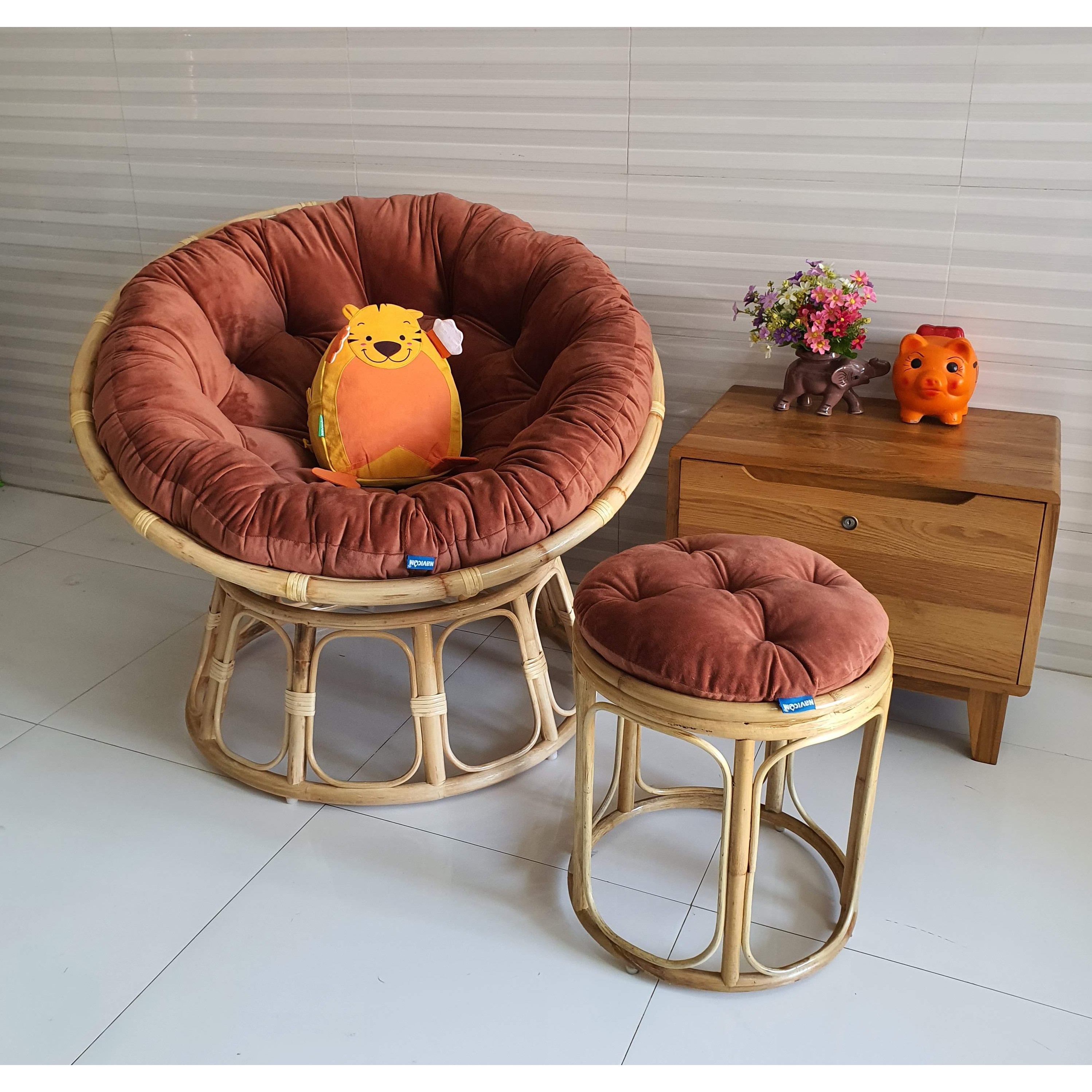 Bộ ghế thư giãn papasan + đôn ( vải nhung màu cam đất)