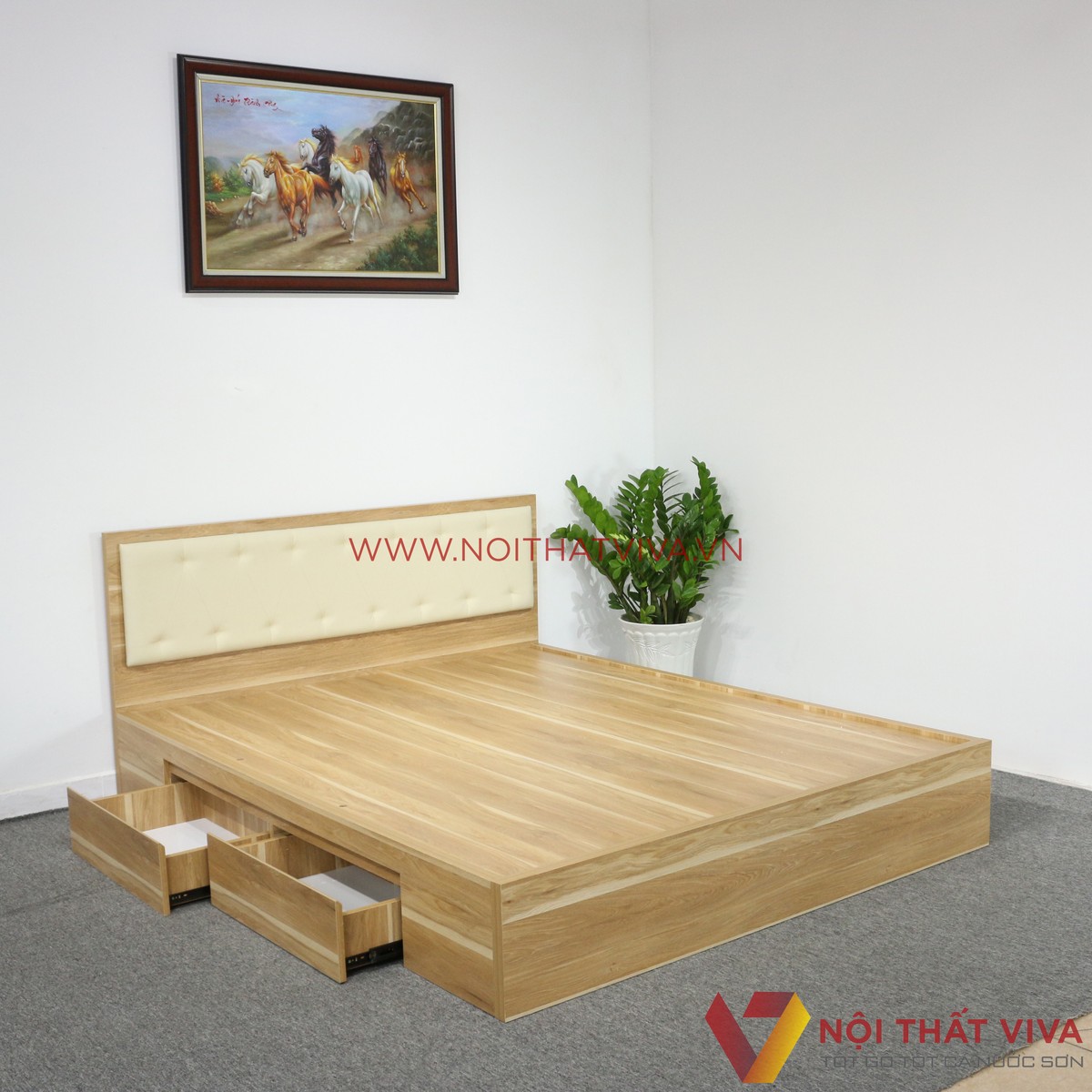 Giường Ngủ Gỗ MDF Melamine Vân Gỗ Vàng Sọc Có Hộc Kéo + Đầu Nệm Kem Đẹp