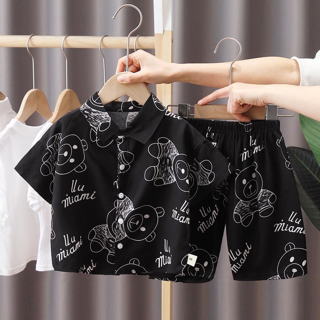 Set Áo Sơ Mi Gấu Ngắn Tay Cổ Bẻ + Quần Short Lưng Thun Thời Trang Hàn Quốc Cho Bé Trai 7-28kg - SUMO KIDS