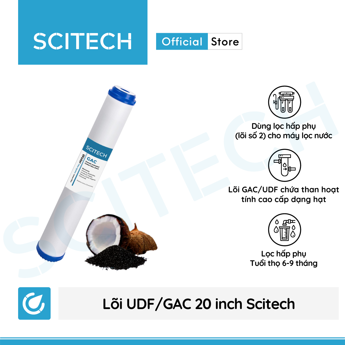 Lõi lọc nước số 2 UDF 20 inch by Scitech dùng trong máy lọc nước RO, bộ lọc thô - Hàng chính hãng