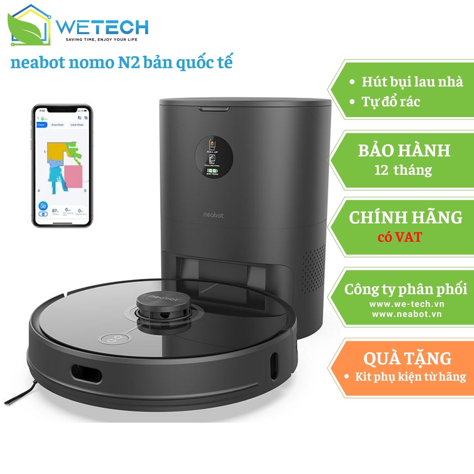 Robot tự đổ rác hút bụi lau nhà Neabot N2 Black - Hàng chính hãng