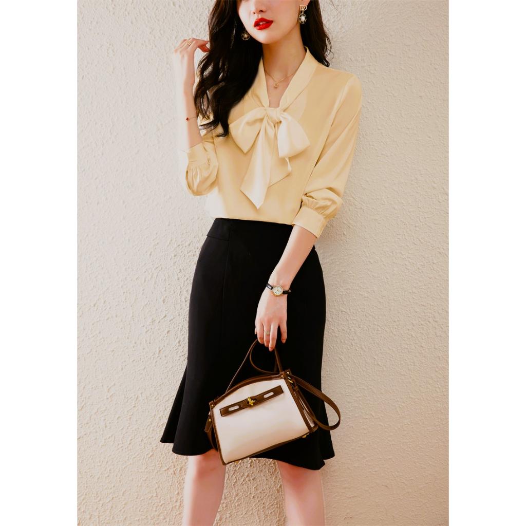 [L2M] Áo sơ mi kiểu nữ kate lụa tay lửng CỘT NƠ CỔ siêu xinh và thanh lịch