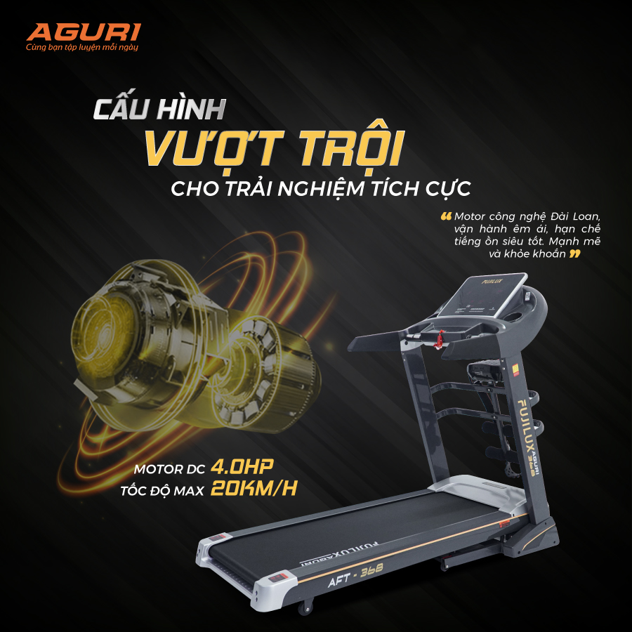 Máy chạy bộ tại nhà AGURI AFT-368 cấu hình vượt trội, tốc độ tối đa 20km/h, độ dốc lên tới 18%, màn hình LED 7 cửa sổ