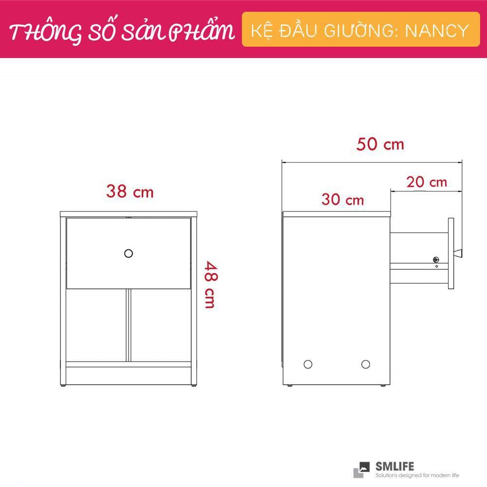 Tủ gỗ đầu giường hiện đại SMLIFE Nancy | Gỗ MDF dày 17mm chống ẩm | D38xR30xC48cm