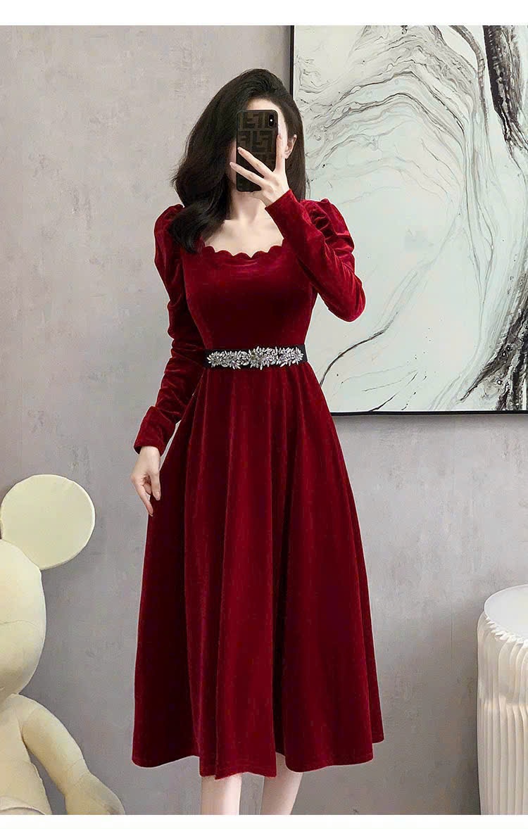 ĐẦM NHUNG DÁNG DÀI KÈM NỊT ĐÁ CAO CẤP D3601 HÀNG NHẬP