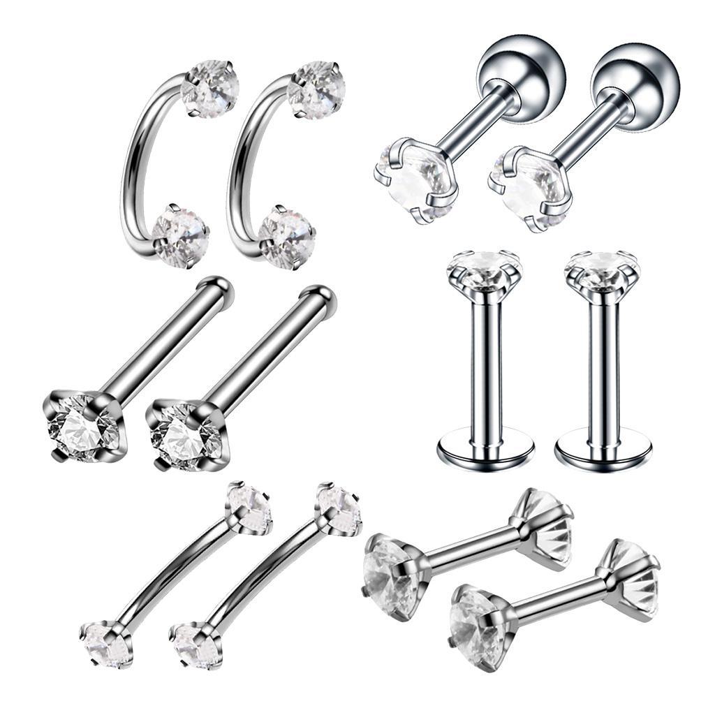 12pcs Stainless Steel Colored Zircon Lip Nose Nail Piercing Jewelry