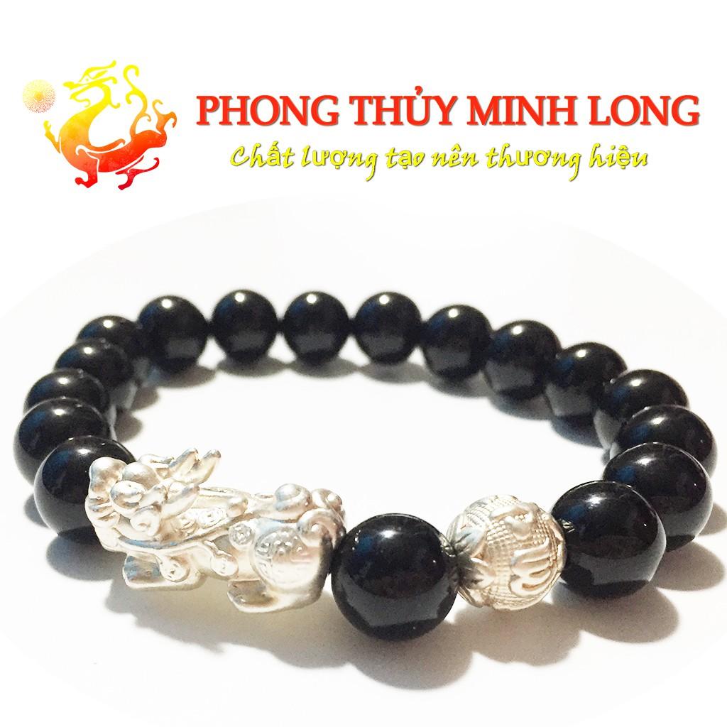 Vòng tay đá Mã Não Đen mix tỳ hưu và 1 hạt kim tiền bằng Bạc hợp mệnh Thủy và Mộc