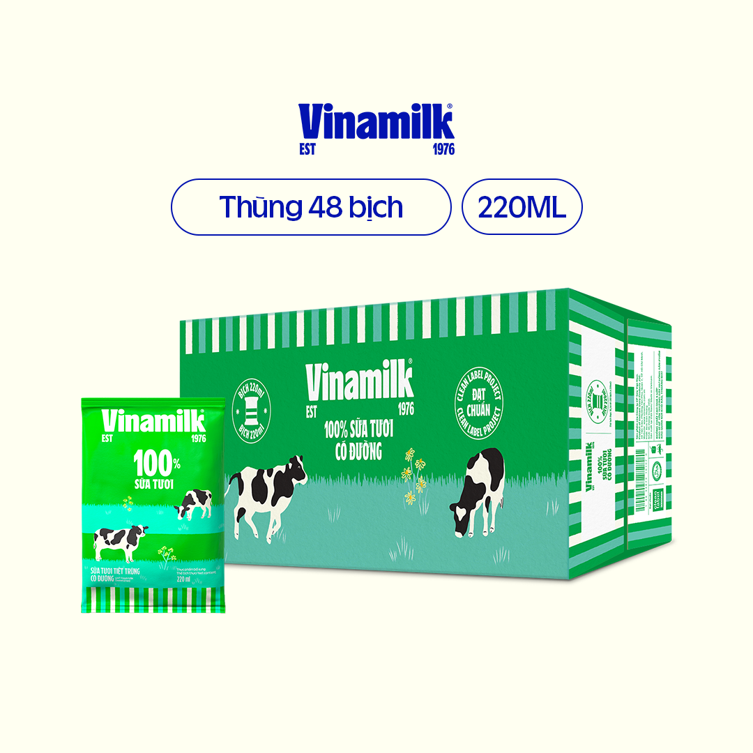 Sữa tươi tiệt trùng có đường Vinamilk 100% sữa tươi - Thùng 48 Bịch 220ml