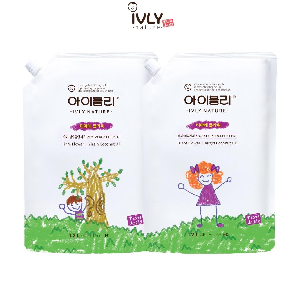 Combo nước giặt và nước xả vải em bé IVLY NATURE hương hoa Tiare và tinh dầu dừa dung tích 1200ml