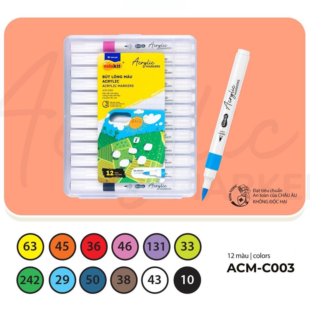 Hộp 12 Bút Lông Màu Acrylic Markers 1 Đầu - Colokit ACM-C003