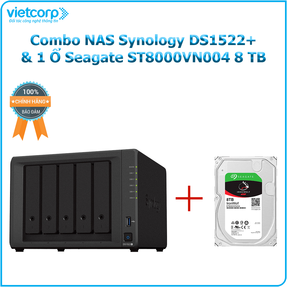 Combo Thiết bị lưu trữ NAS Synology DS1522+ và 1 Ổ cứng Seagate ST8000VN004 8TB - Hàng Chính Hãng
