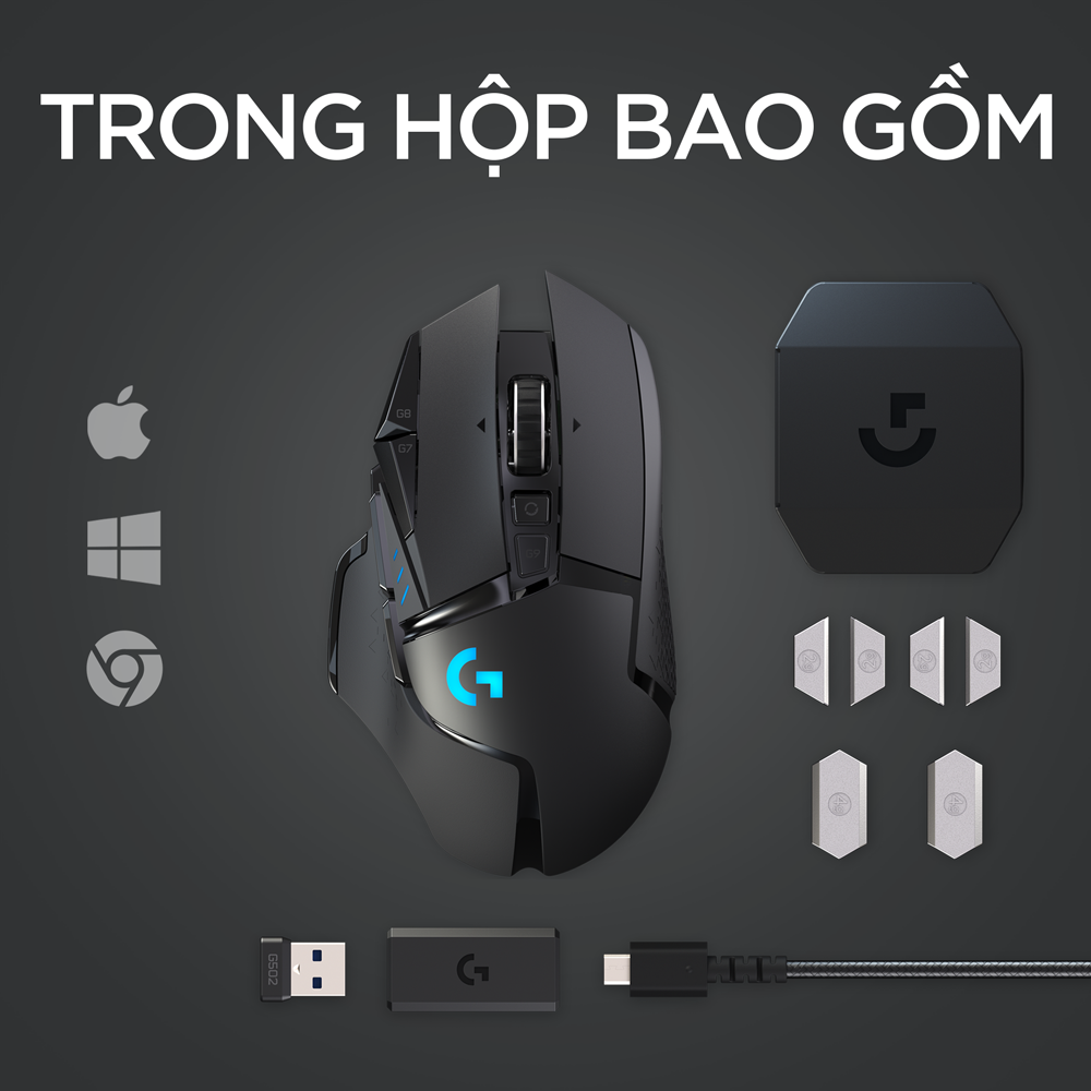 Chuột game không dây Lightspeed Logitech G502 - RGB Lightsync, 11 nút lập trình, điều chỉnh trọng lượng, con lăn Hyperfast, PC -Hàng Chính Hãng