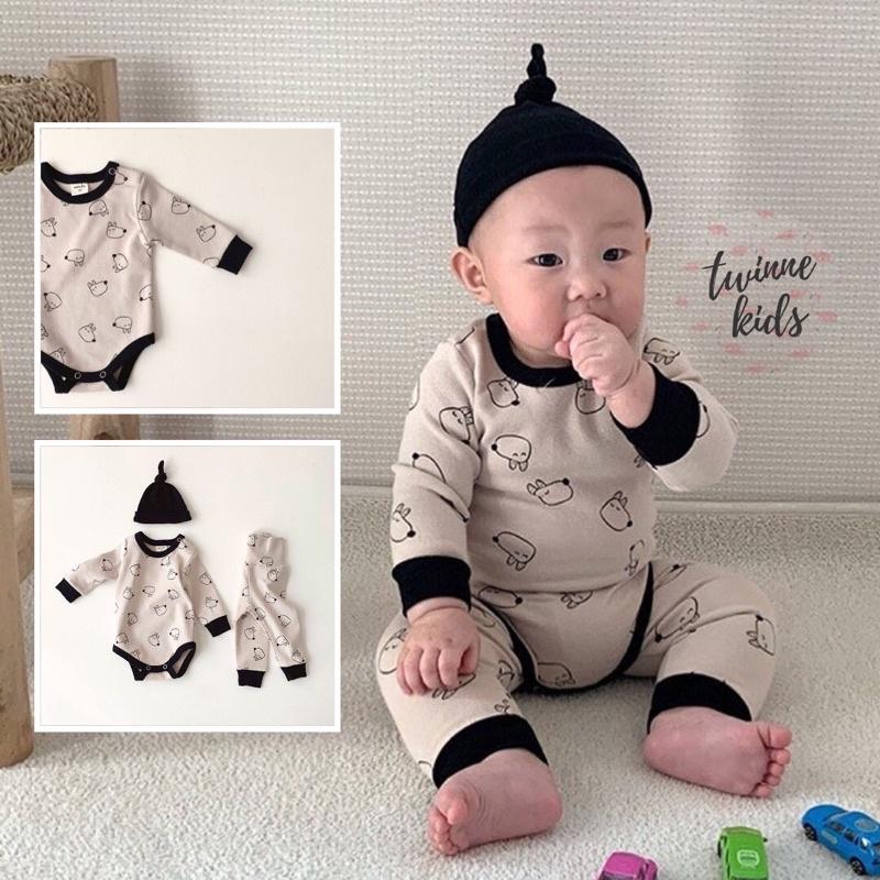 Set đồ 3 chi tiết thu đông áo quần mũ, chất liệu cotton bé trai 0-24 tháng