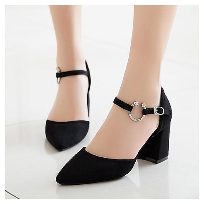 Giày cao gót nữ đế vuông 7p mũi nhọn da lộn Giày cao gót đế vuông sandal 5p bít gót chữ G16