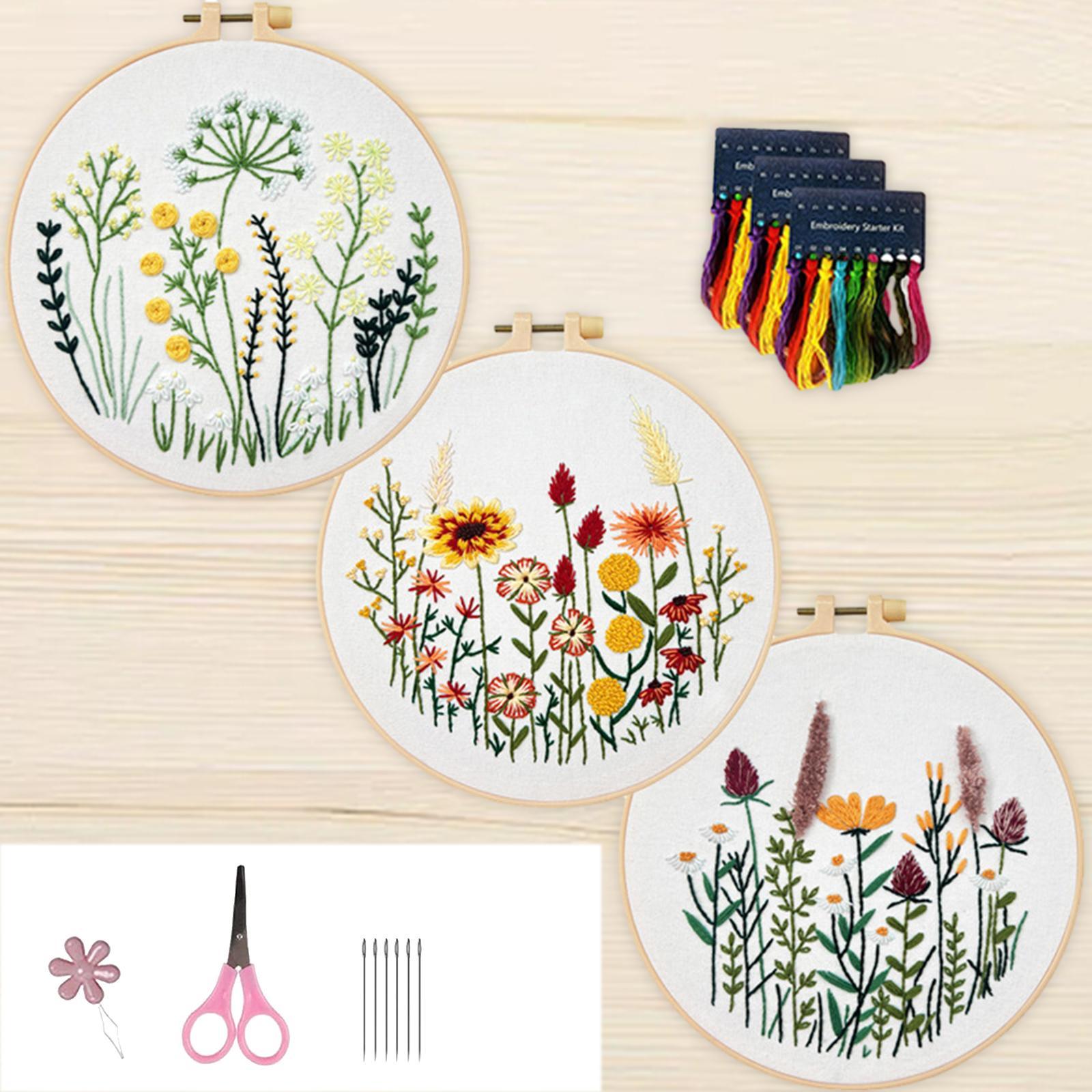 3Pcs Embroidery Set Cross Stitch Handmade Sewing Accessories Starter Tools Plants Pattern for Adults Handcraft Enthusiast