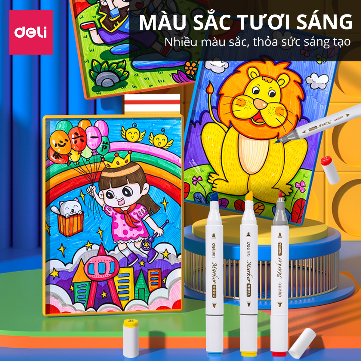 Bút Màu Dạ Marker 2 Đầu Chuyên Nghiệp Deli - Kèm Hộp Nhựa - 24/36/48/60 Màu Đậm, Mực Đều - Tô Màu, Đi Nét, Vẽ Tranh