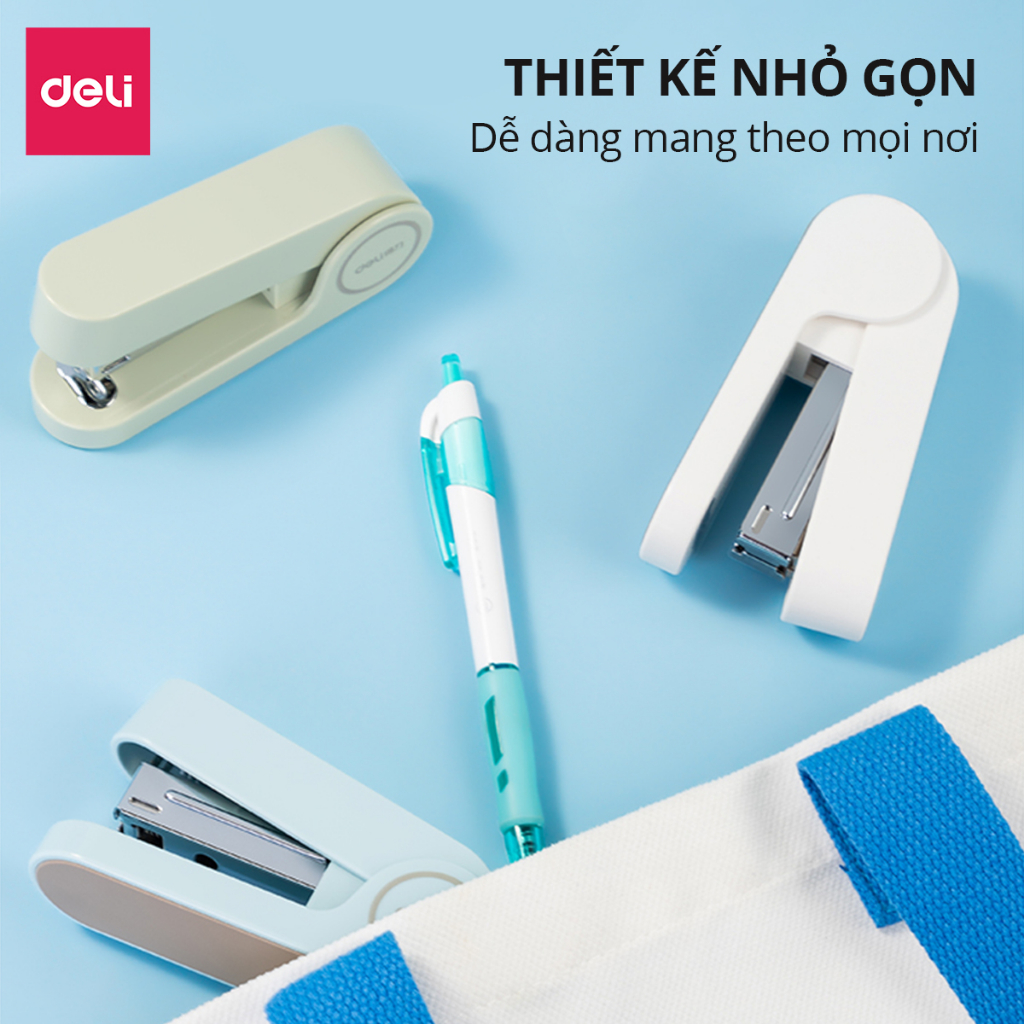 Dập ghim học sinh văn phòng mini Deli 25 trang, Ghim bấm giấy số 12 màu pastel, nhỏ gọn, tiện lợi