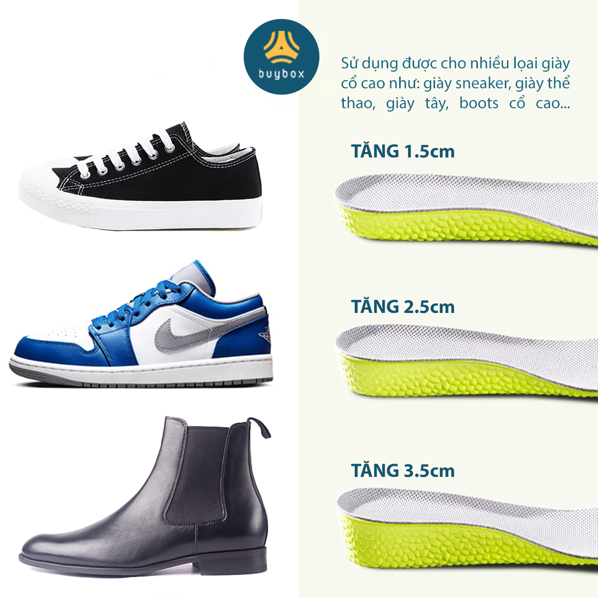 Lót giày tăng chiều cao,  tăng 1.5 cm/ 2.5cm/3.5cm chất liệu PU êm chân, thoáng khí - BuyBox - BBPK367