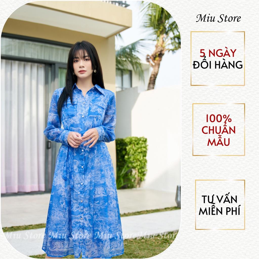 D000573 - Đầm thiết kế cao cấp hoạ tiết xanh dài tay cổ đức Miu Store