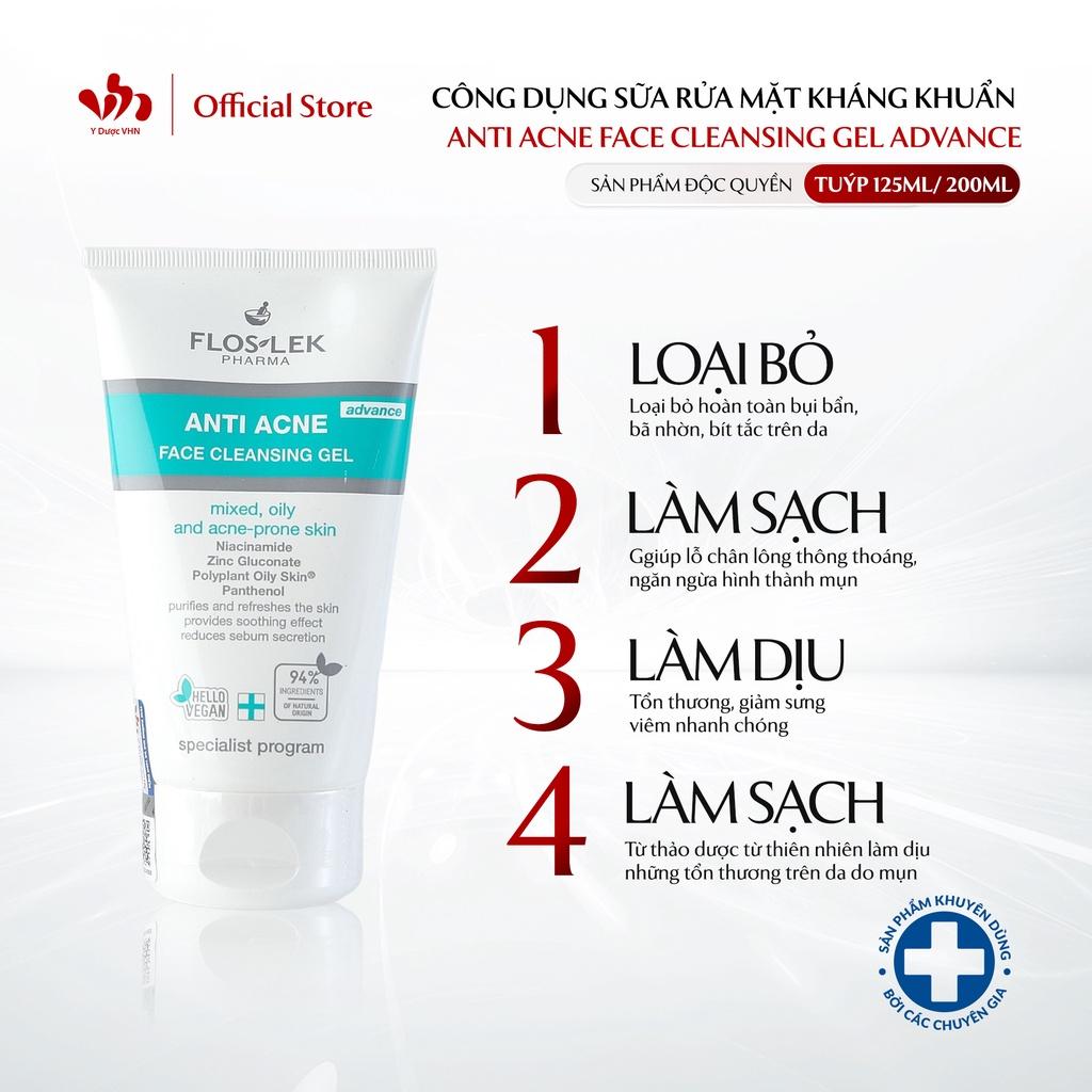 Sữa rửa mặt cho da dầu mụn Floslek Anti Acne Face Cleansing Gel Advance giúp làm sạch sâu bụi bẩn, bã nhờn 125ml