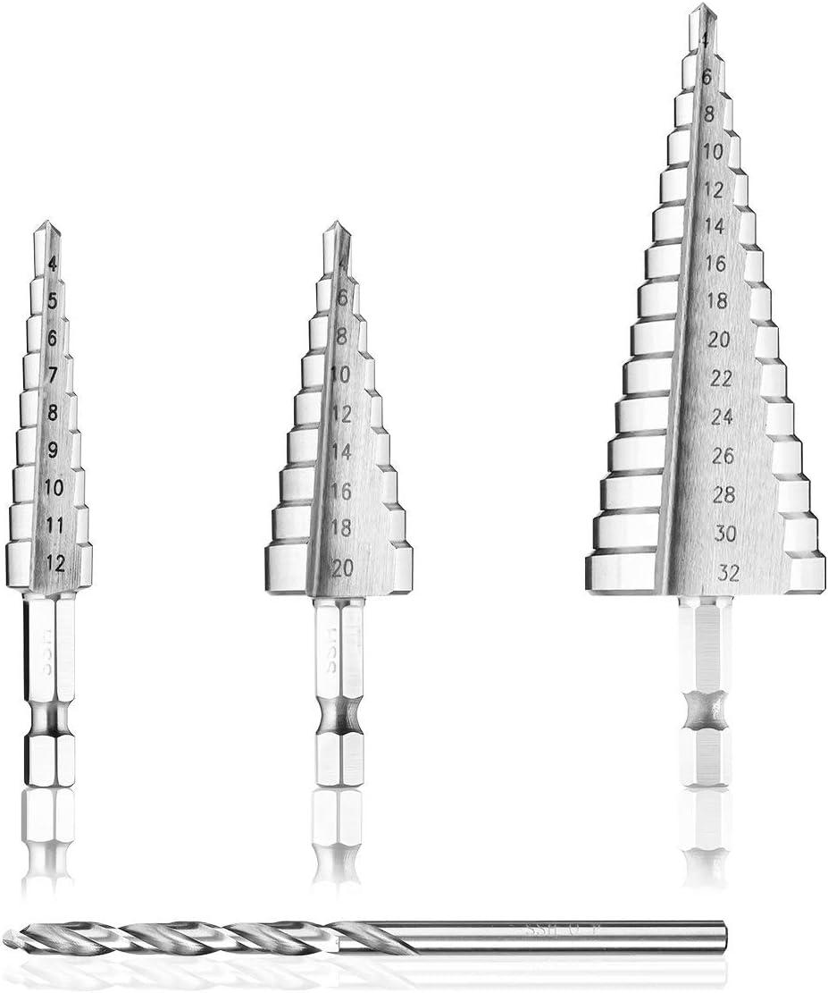 Mũi khoan bước, 4 mũi khoan mũi khoan kim loại  4-12/20/32mm Mũi khoan bước Mũi khoan thép mũi khoan tam giác hình nón với lớp phủ titan Tua vít khoan cho thép/gỗ/đồng thau/nhựa/PVC