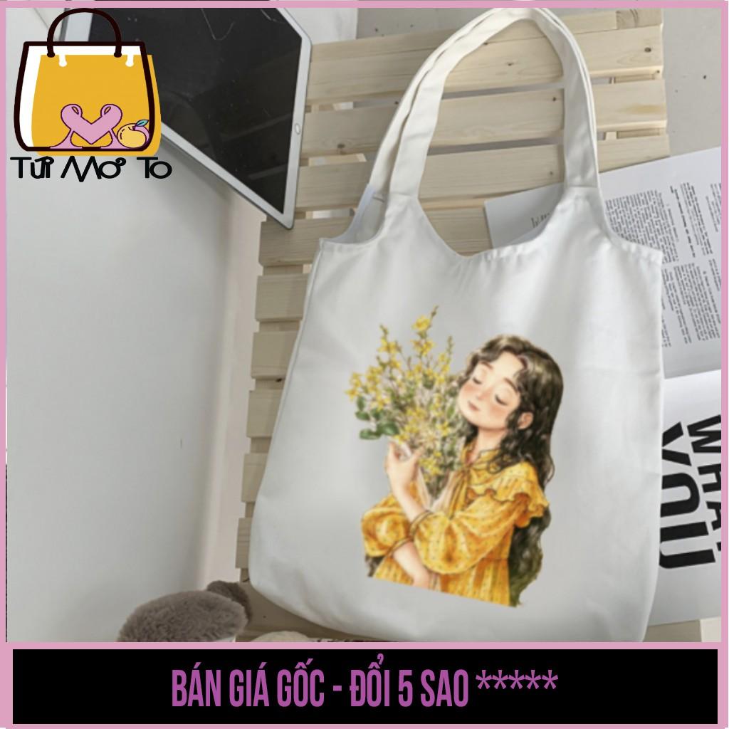 Túi Tote canvas quai tròn có khóa kéo in hình cô gái ôm hoa - Túi Mơ To store