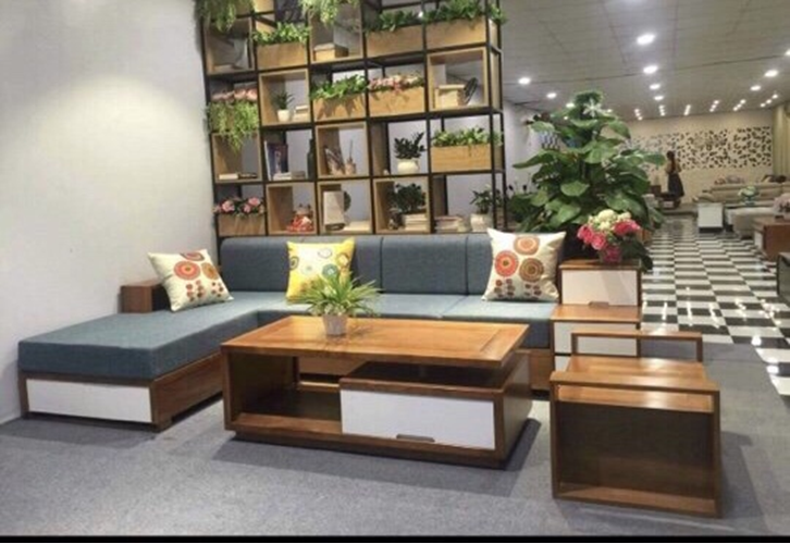 Bộ bàn ghế phòng khách, salon gỗ sồi mặt liền mẫu tay ngăn kéo 2m7 x 1m8 MS 16- Đồ Gỗ Mạnh Hùng