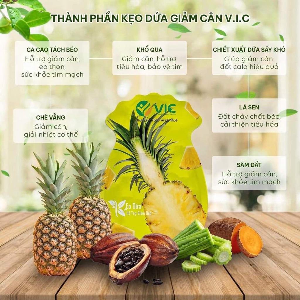 Kẹo dứa Plus giảm cân VIC organic, hỗ trợ giảm mỡ, giảm thèm ăn ( 1 túi 7 viên)