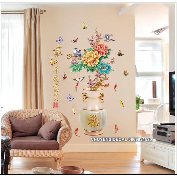 Decal trang trí tường - Bình Hoa Mẫu Đơn Khoe Sắc Ngày Tết